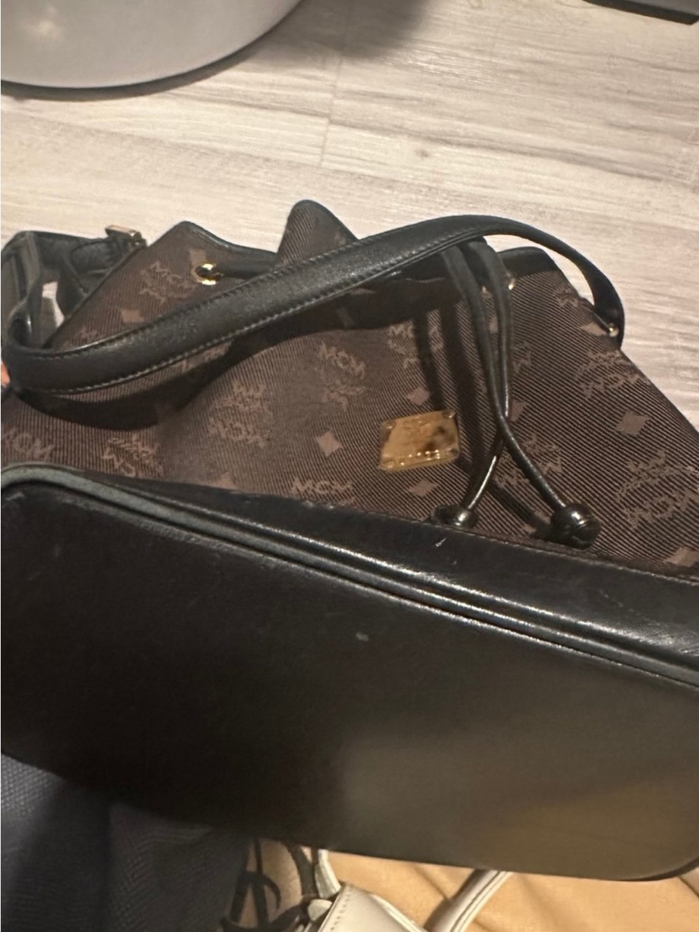 Brown Monogram Drawstring Tote with Black Trim